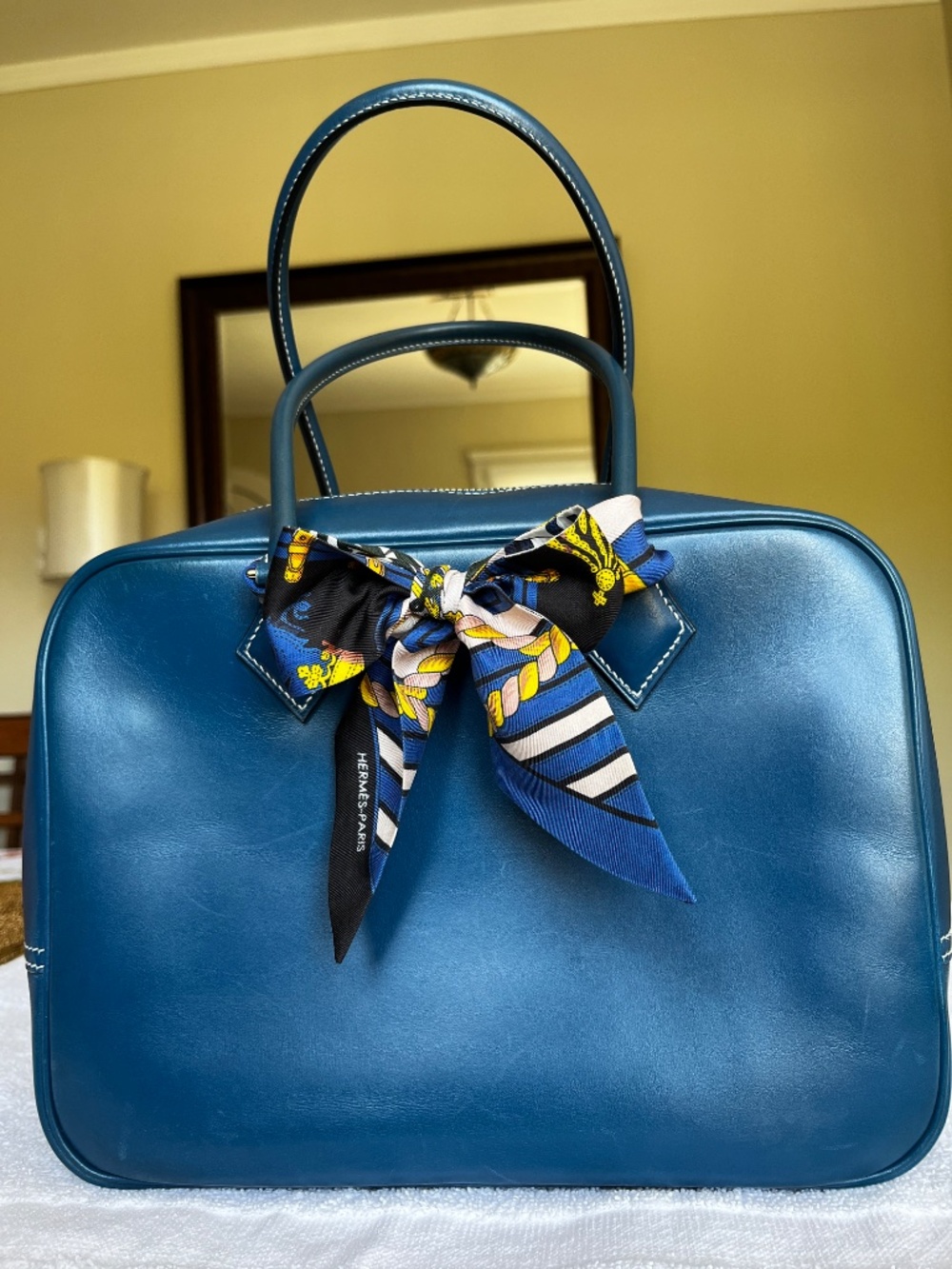 VINTAGE Hermes PLUME 28 BLUE Tote Bag BOX Calfskin G square stamp